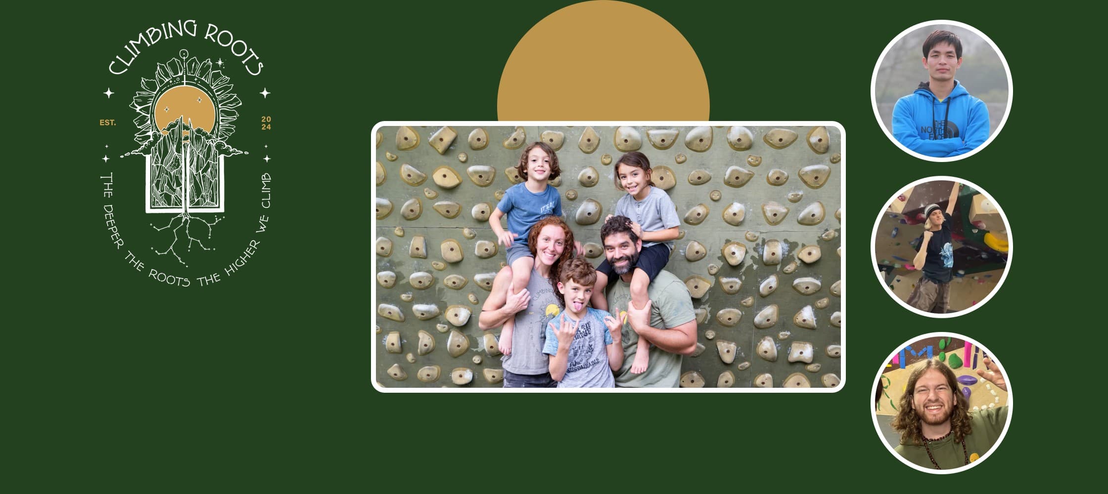 Climbing Roots emblem beside photos of founders Lindsay and Nate Runne with their kids at a climbing wall, and three Climbing Roots crew members